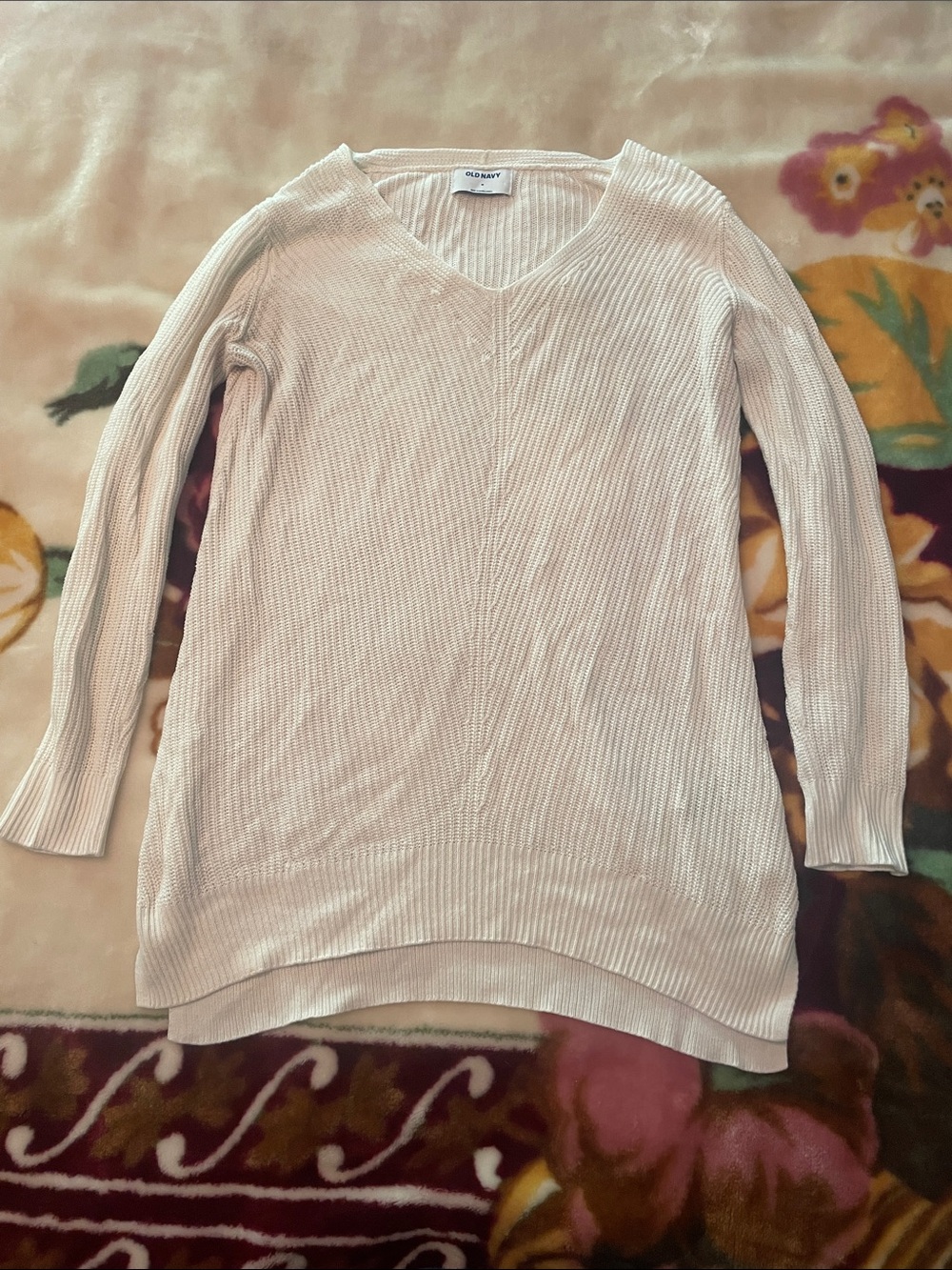 Old Navy Sweater V-Neck Ribbed Knit Beige Tan Casual Pullover Cottage Size M